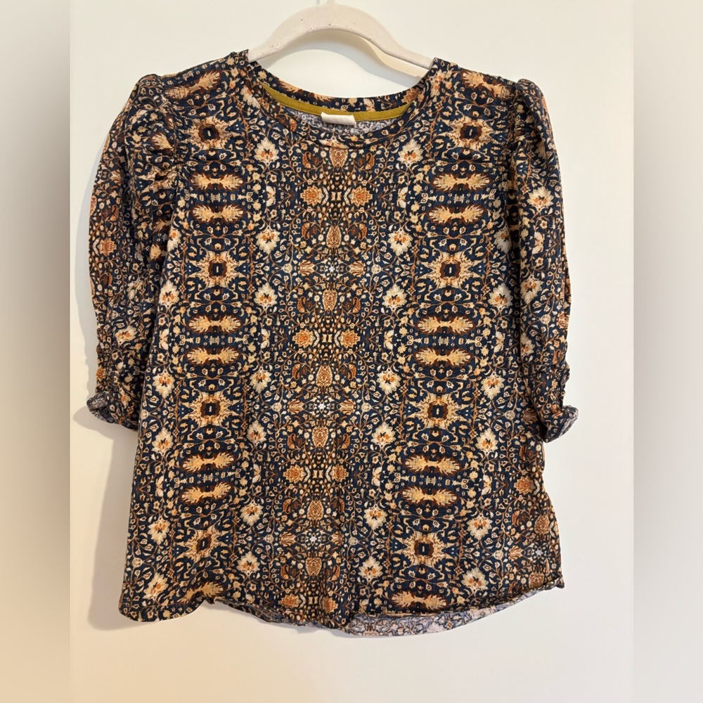 Boho Boutique Printed Navy and Tan Long-Sleeve Tunic Top 100% Cotton